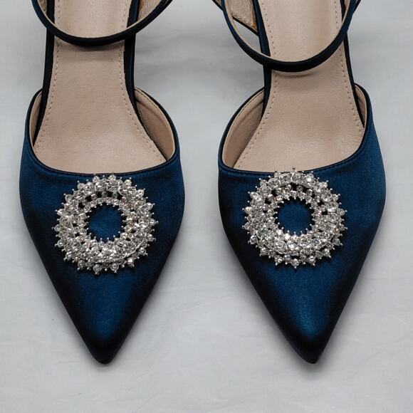 Perphy Womens Heels Size 10 Blue Satin Rhinestone Slingback Cocktail Pumps Shoe - Picture 9 of 12